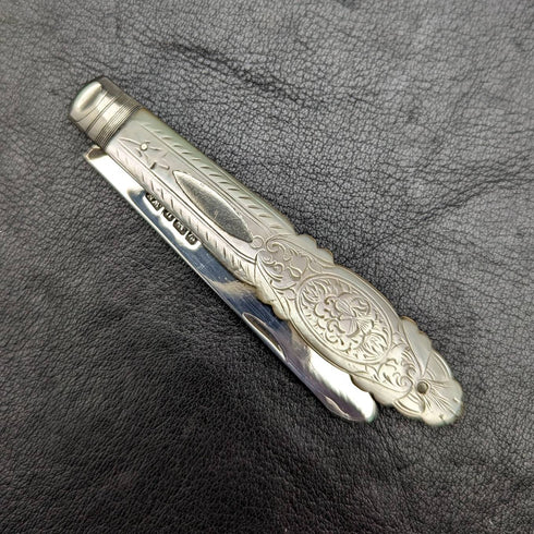 1912 British Antique White Pearl Shell Handle Pure Silver Blade Folding Pen Knife